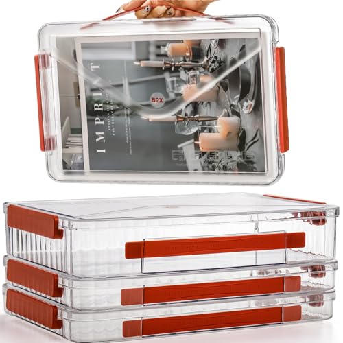 Mezchi Set of 3 Portable Paper Storage Box Organizer, 9" X 13" Clear Plastic File Storage Box with Lids, Stackable Document Box Project Case for Organizing A4 File Paper, School Supply, Craft - Image 1