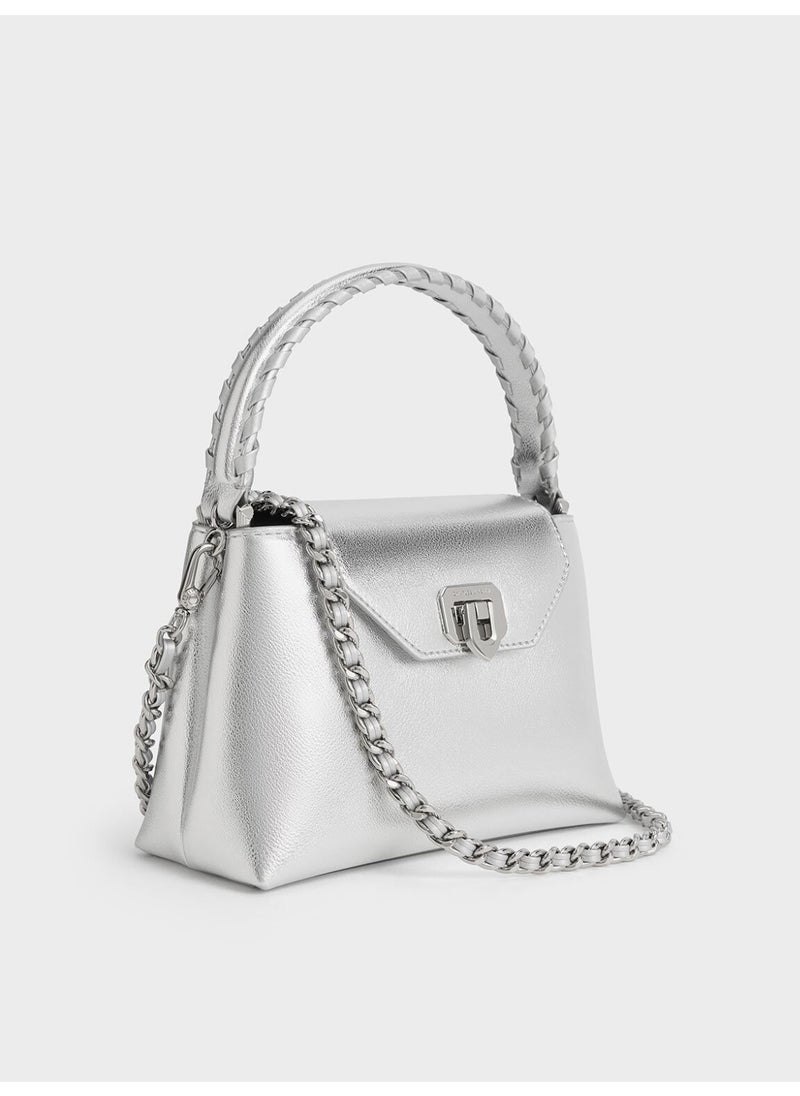 Charles & Keith CHARLES & KEITH Arwen Croc-Effect Braided-Strap Top Handle Bag & Crossbody Bag for Women - Silver  - Image 3