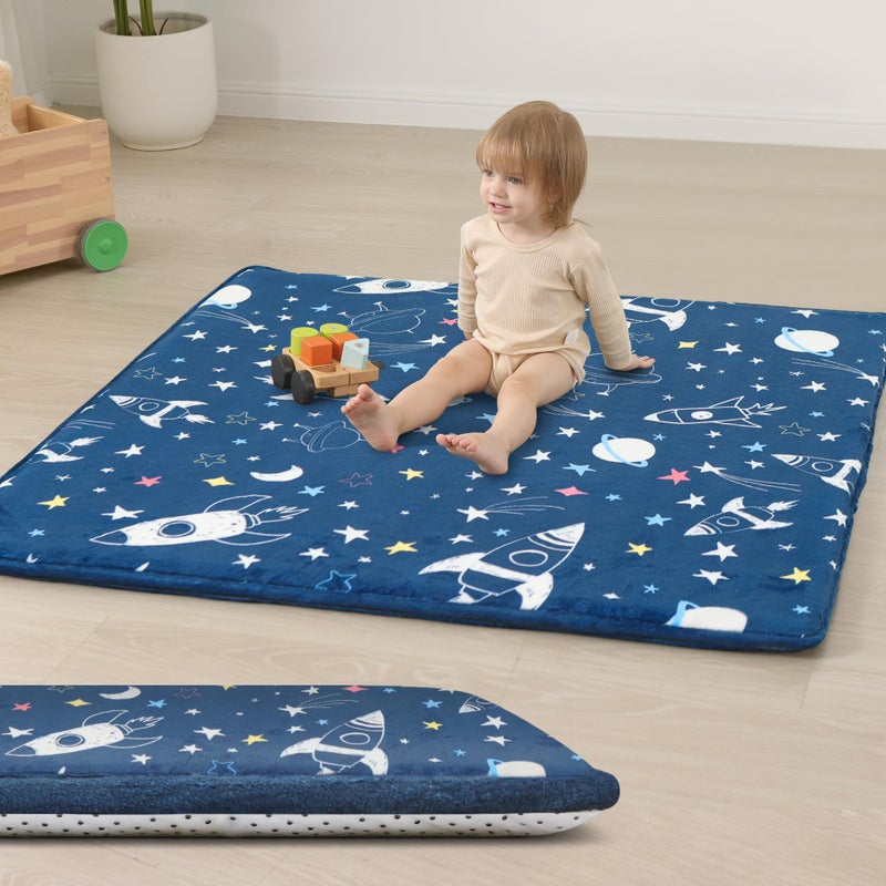 Huloo Sleep Baby Play Mat for Floor,1.3" Thick Cushioned Playpen Mat 50"x50",Extra Soft Elasti-Foam,Water Repellent Coral Velvet,Non-Slip for Crawling&Tummy Time,Infant Toddler Kids Nursery Rug(Space) - Image 1