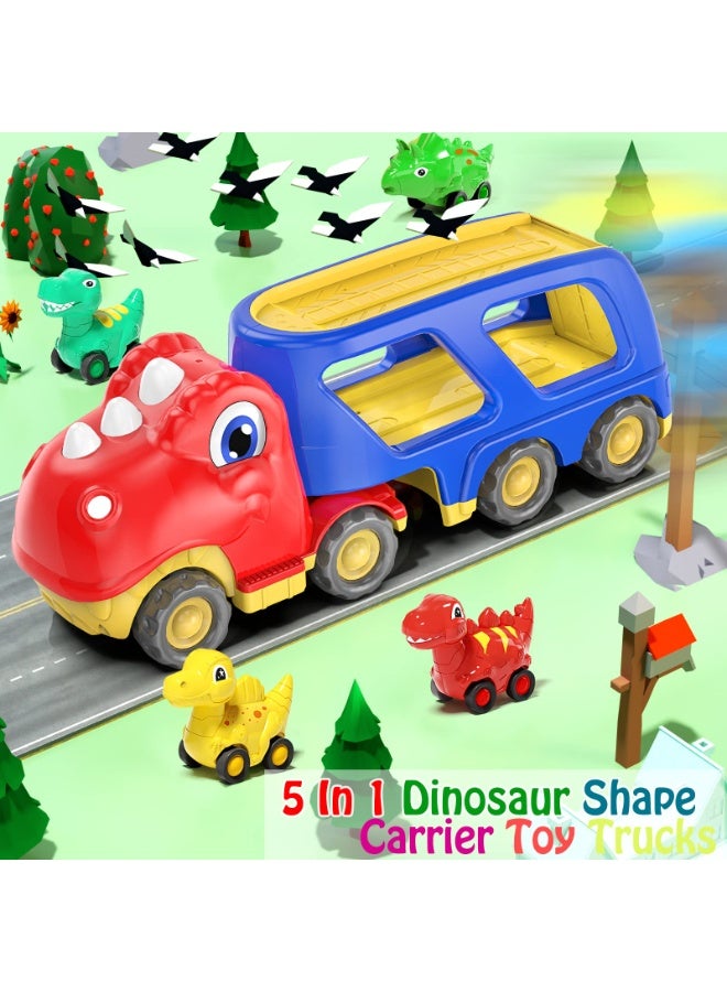 هالامودو الأطفال الصوت والخفيفة لعبة الديناصور مزدوجة الطبقة شاحنة النقل مع 4 ميني سحب مرة أخرى سيارات الديناصور , لعب سيارة الطفل الصغير , الاحتكاك مدعومة المركبات , كبيرة تخزين ناقل المركبة , هدية عيد ميلاد للفتيان والبنات , 14 * 4.15 * 5.55 بوصة - Image 2