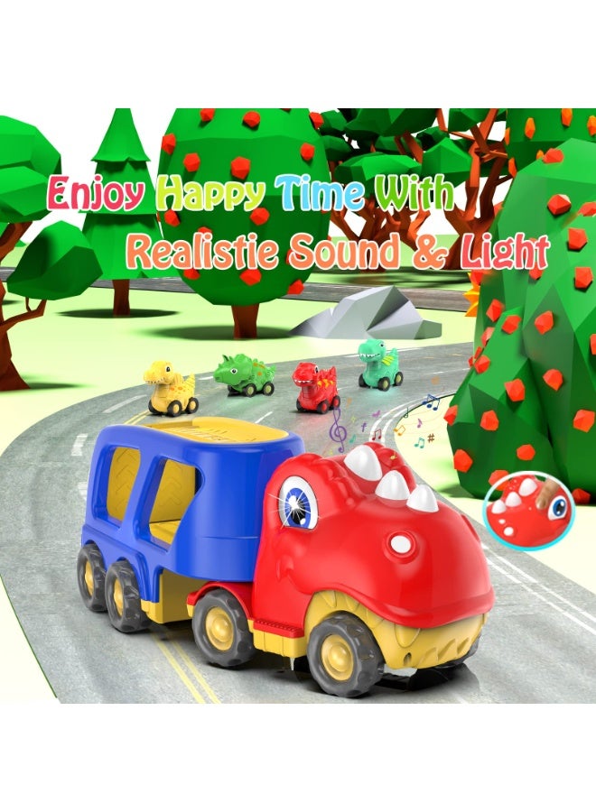 هالامودو الأطفال الصوت والخفيفة لعبة الديناصور مزدوجة الطبقة شاحنة النقل مع 4 ميني سحب مرة أخرى سيارات الديناصور , لعب سيارة الطفل الصغير , الاحتكاك مدعومة المركبات , كبيرة تخزين ناقل المركبة , هدية عيد ميلاد للفتيان والبنات , 14 * 4.15 * 5.55 بوصة - Image 3