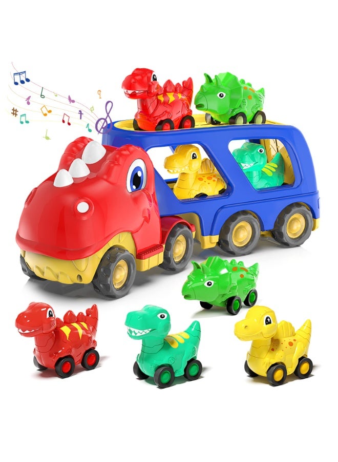 هالامودو الأطفال الصوت والخفيفة لعبة الديناصور مزدوجة الطبقة شاحنة النقل مع 4 ميني سحب مرة أخرى سيارات الديناصور , لعب سيارة الطفل الصغير , الاحتكاك مدعومة المركبات , كبيرة تخزين ناقل المركبة , هدية عيد ميلاد للفتيان والبنات , 14 * 4.15 * 5.55 بوصة - Image 1