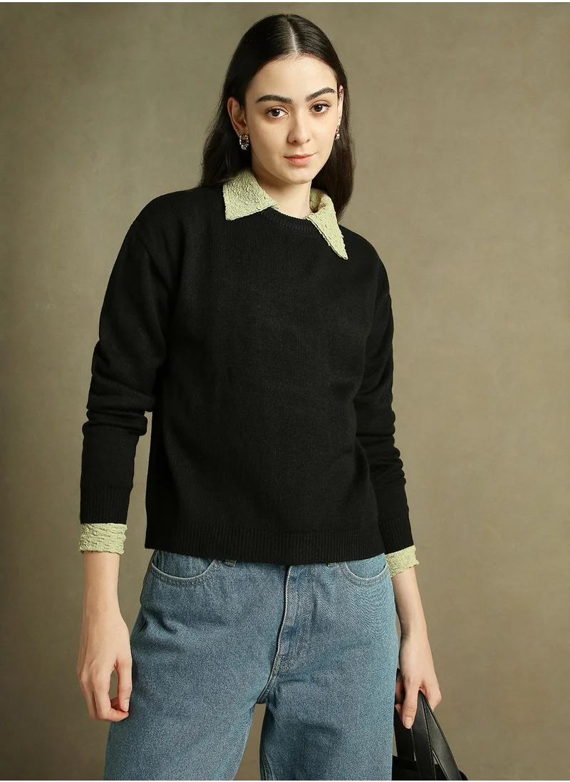 دينيس لينغو Women's Black 100% Acrylic Solid Regular Fit Sweater