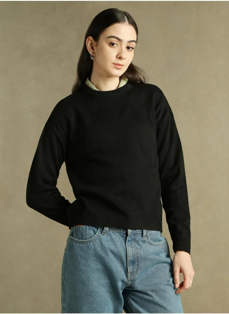 دينيس لينغو Women's Black 100% Acrylic Solid Regular Fit Sweater
