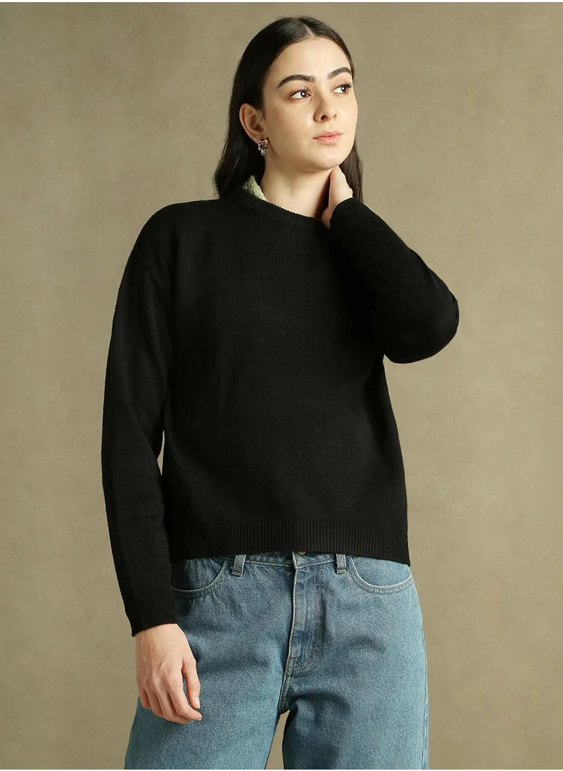 دينيس لينغو Women's Black 100% Acrylic Solid Regular Fit Sweater