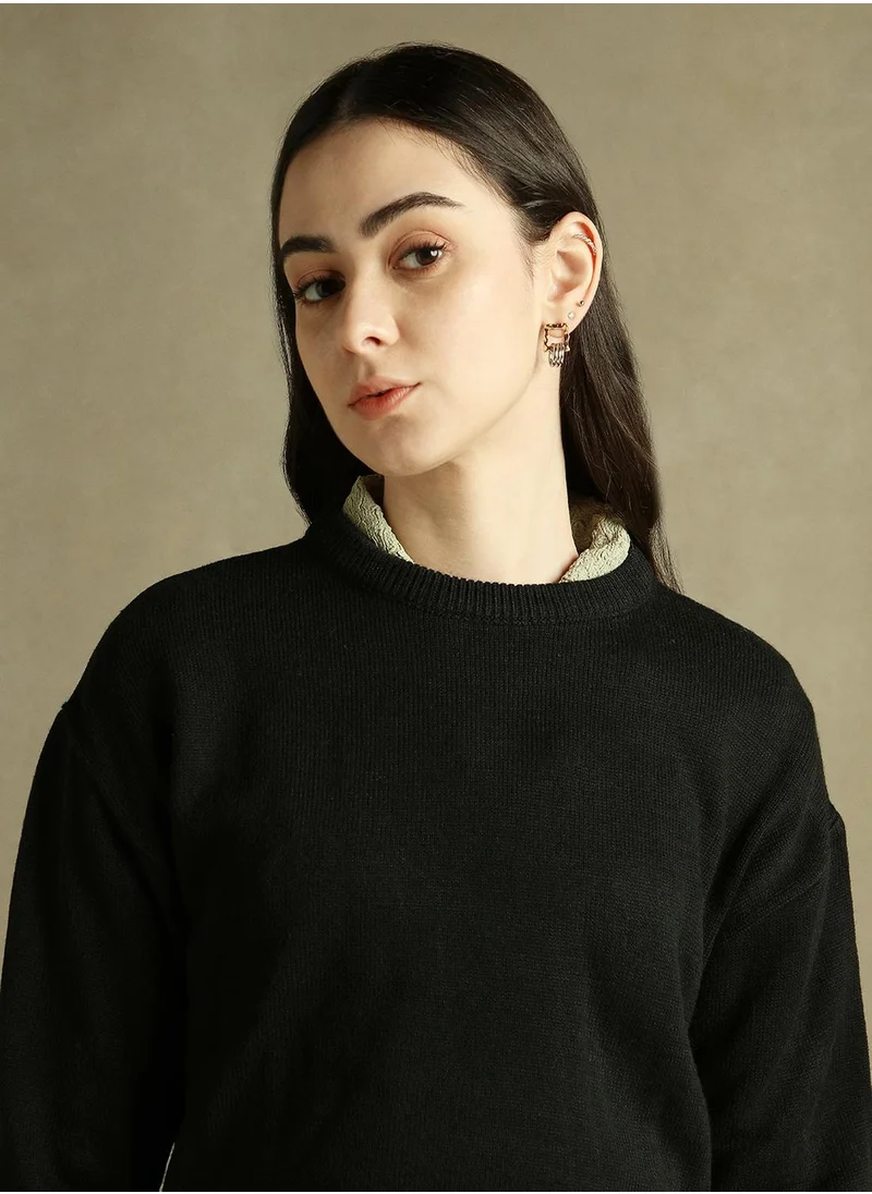 دينيس لينغو Women's Black 100% Acrylic Solid Regular Fit Sweater
