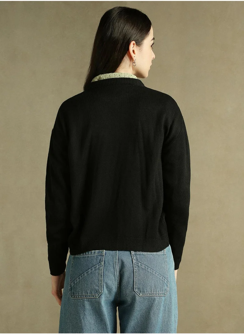 دينيس لينغو Women's Black 100% Acrylic Solid Regular Fit Sweater