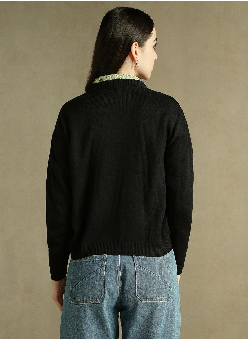 Dennis Lingo Women's Black 100% Acrylic Solid Regular Fit Sweater  - Image 3