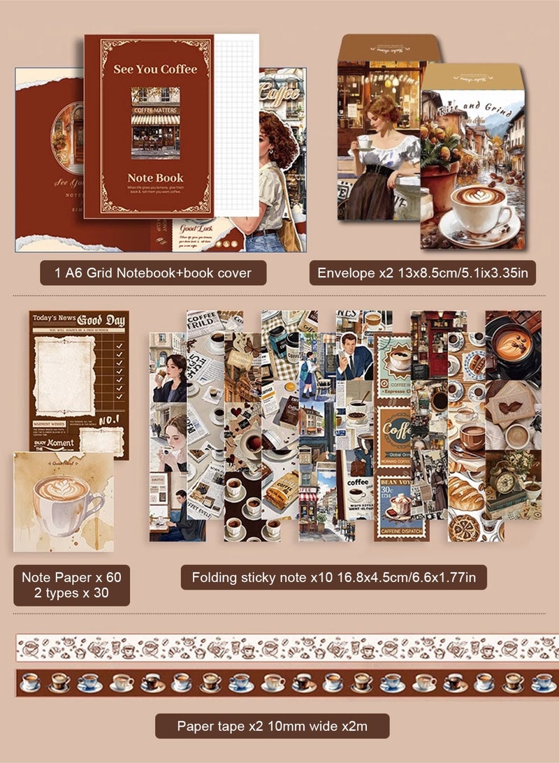 Vintage Aesthetic Scrapbook Kit(147pcs), Coffee Theme Journal Kit with Journaling/Scrapbooking Supplies, Stationery, A6 Grid Notebook Graph Ruled Pages.DIY Gift for Teen Girl Kid Women. - Image 3