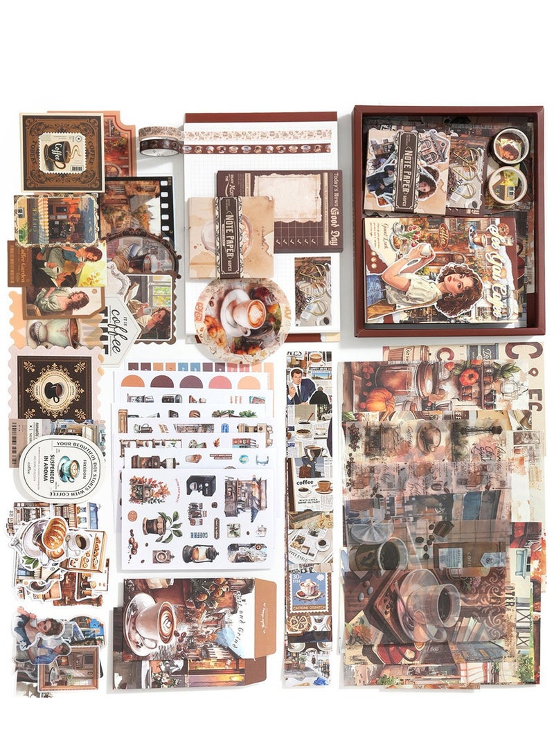 Vintage Aesthetic Scrapbook Kit(147pcs), Coffee Theme Journal Kit with Journaling/Scrapbooking Supplies, Stationery, A6 Grid Notebook Graph Ruled Pages.DIY Gift for Teen Girl Kid Women. - Image 2