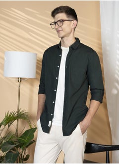 Slim Fit Green Men's Casual Spread Collar Shirt, Full Sleeves, 100% Cotton,