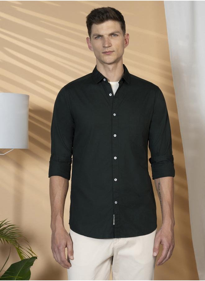 Dennis Lingo - Slim Fit Green Men's Casual Spread Collar Shirt, Full Sleeves, 100% Cotton, - Image 1