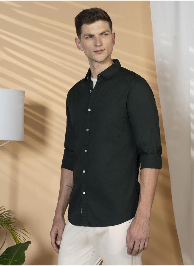 Dennis Lingo - Slim Fit Green Men's Casual Spread Collar Shirt, Full Sleeves, 100% Cotton, - Image 1