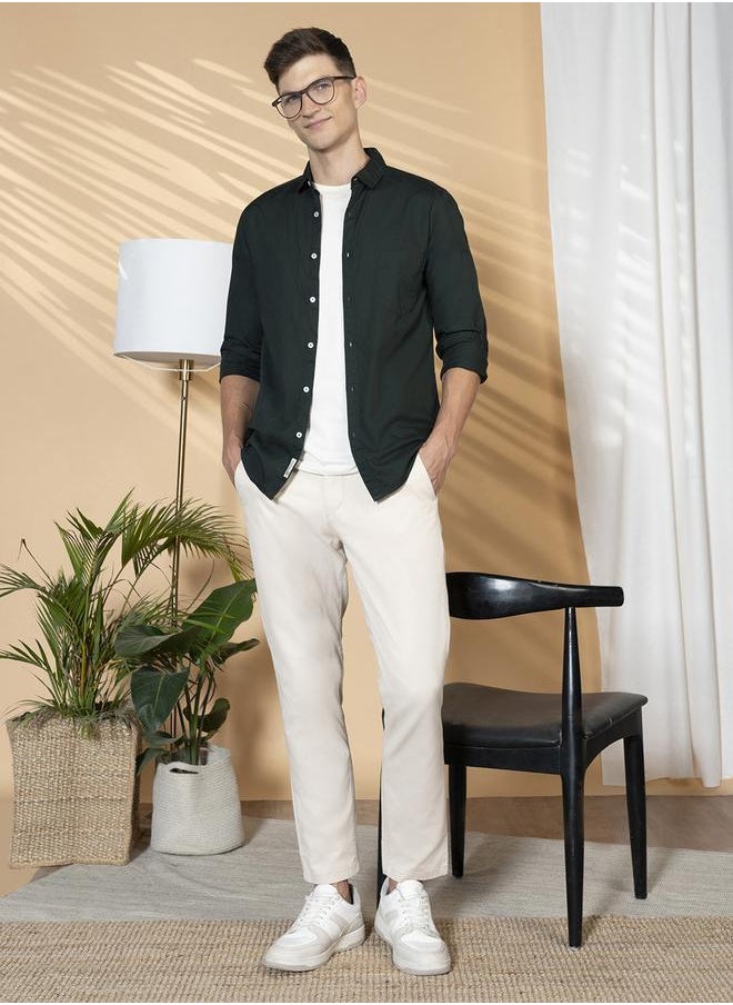 Dennis Lingo - Slim Fit Green Men's Casual Spread Collar Shirt, Full Sleeves, 100% Cotton, - Image 1