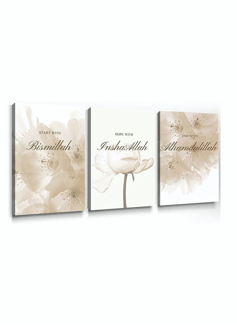 Y&D Wall Art Canvas Quran Pictures, SYOSI Decoration for Beige Modern Paintings Boho Floral Poster Quotes Bismillah Inshaallah Alhamdulillah Artwork 16x24inch, 3Pcs No Frame  - Image 1