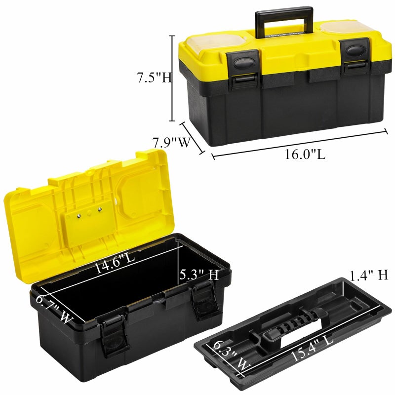 Cididu 16-Inch Plastic Tool Box With Handle  Toolbox With Removable Tray  Heavy Duty Organizer Tool Box  Portable Toolbox Organizer For Household Workshops And Garages  Black Yellow - Image 2