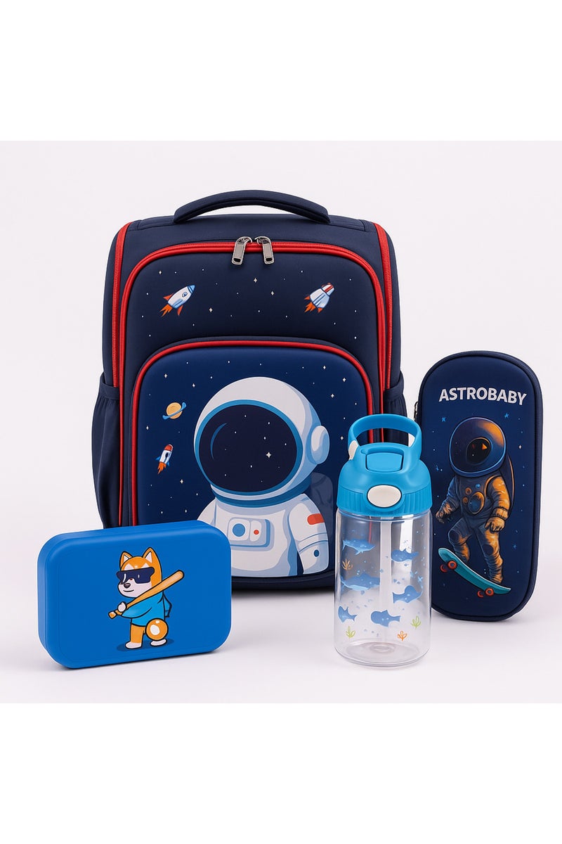 Cocobee-Stylish Astronaut Print Backpack, Adjustable Strap, Secure Zip, 14.9 Inches – Blue +  Pencil Case +   Ocean Tritan Water Bottle 480ml – BPA-Free + Bento Lunch Box 765ml