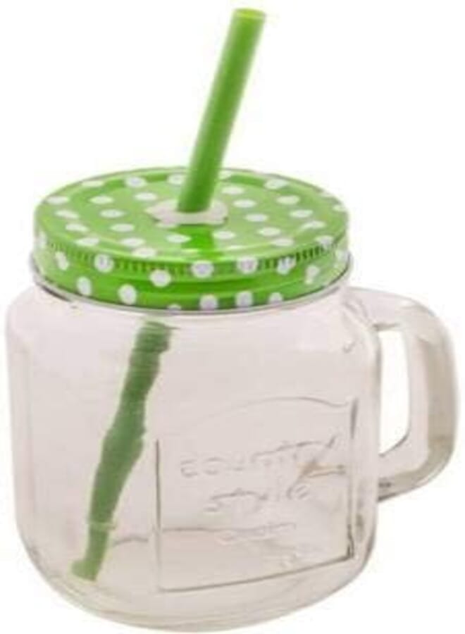 SAMJU Glass Drinking Mason Jar Cups with Handle & Reusable Straws, Lids & Handles 490 ML (Mix Dotted, 1)