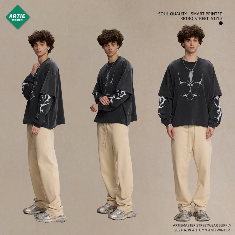 2025 New Product Printed Round Neck Long Sleeve T-Shirt Men'S American Fashion Brand Retro Washed Fake Two-Piece Loose Men'S Long T-Shirt - Image 2