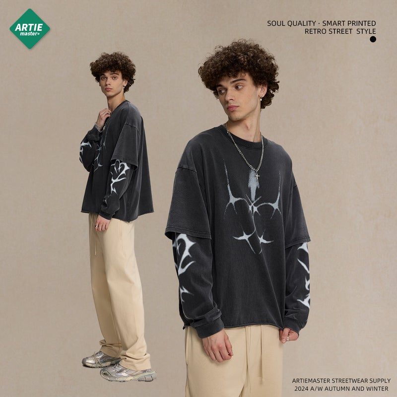 2025 New Product Printed Round Neck Long Sleeve T-Shirt Men'S American Fashion Brand Retro Washed Fake Two-Piece Loose Men'S Long T-Shirt - Image 3