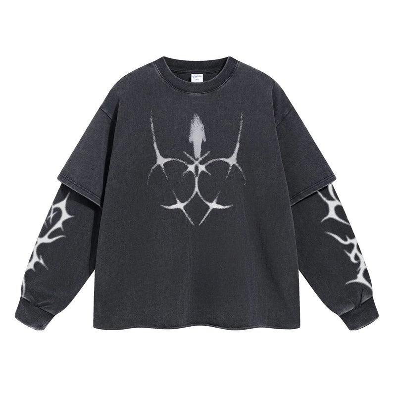 2025 New Product Printed Round Neck Long Sleeve T-Shirt Men'S American Fashion Brand Retro Washed Fake Two-Piece Loose Men'S Long T-Shirt - Image 1