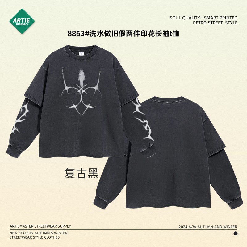 2025 New Product Printed Round Neck Long Sleeve T-Shirt Men'S American Fashion Brand Retro Washed Fake Two-Piece Loose Men'S Long T-Shirt - Image 4