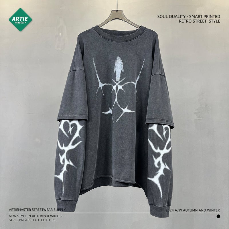 2025 New Product Printed Round Neck Long Sleeve T-Shirt Men'S American Fashion Brand Retro Washed Fake Two-Piece Loose Men'S Long T-Shirt - Image 5