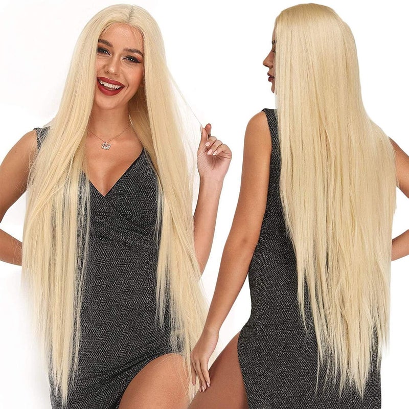 Ebingoo 40 inch Long Blonde Lace Front Wig Wig Cap Platinum Blonde Lace Front Wig Long Blonde Straight Wig Synthetic Blonde Wig with Middle Part for Women Girls Daily Wear Party