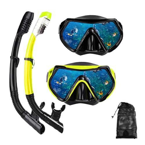 DIPUKI Snorkel mask Snorkeling Set for Adults and Youth, Diving mask and Full Dry Snorkel Swim Googles is Suitable for Snorkeling, Dive Scuba Diving, Swimming (6115Black+Yellow（2 Set）) - Image 1