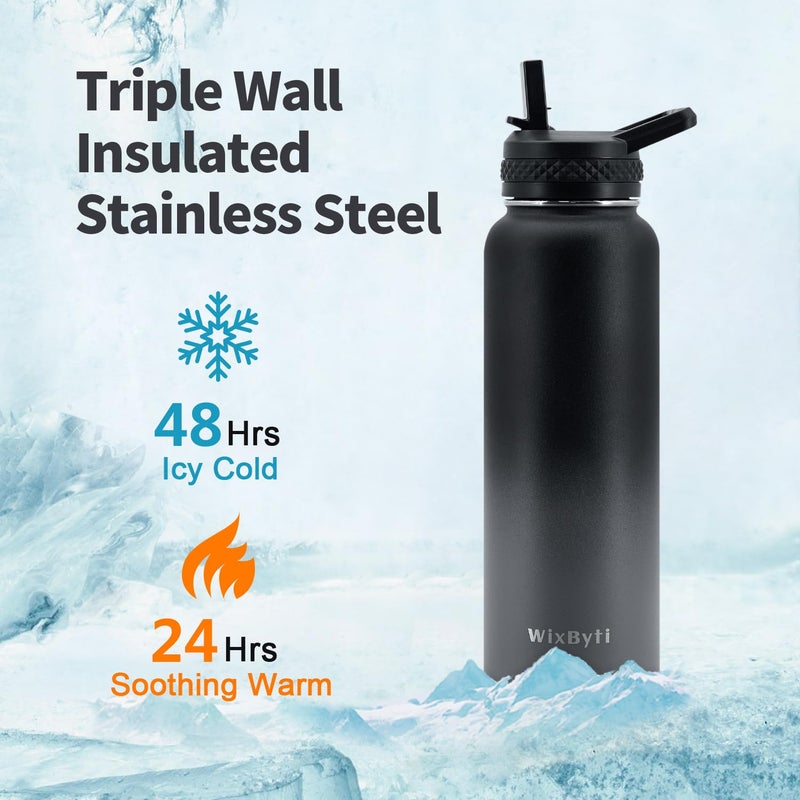 WixByti WixByti 40 oz Insulated Water Bottle with Straw (Cold for 48 Hrs)  Stainless Steel Triple Wall Vacuum Sports Water Jug  Leakproof Hydro Cup Flask with Paracord Handle & Straw Spout Lids & DIY Stickers  - Image 2