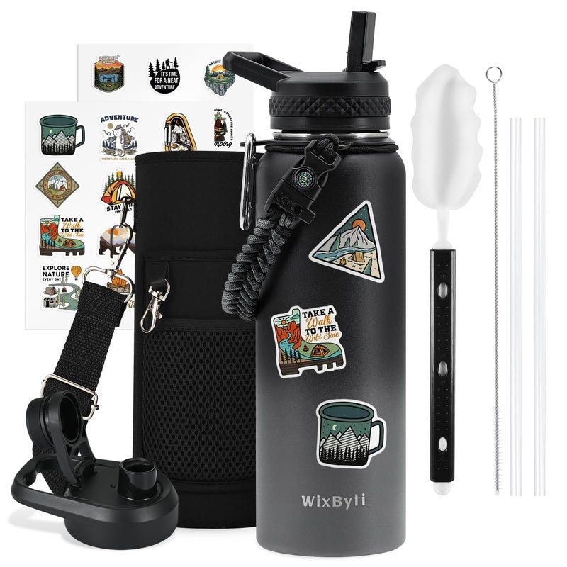 WixByti WixByti 40 oz Insulated Water Bottle with Straw (Cold for 48 Hrs)  Stainless Steel Triple Wall Vacuum Sports Water Jug  Leakproof Hydro Cup Flask with Paracord Handle & Straw Spout Lids & DIY Stickers  - Image 1
