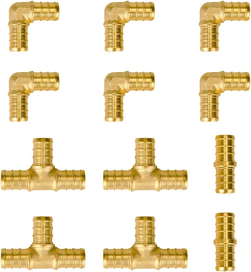 SUNGATOR 12-Pack 1/2 Inch PEX 90 Degree Elbow (6 PCS) + Tee (4 PCS) + Straight Coupling (2 PCS) Brass Crimp Fittings, Lead Free for Multiple PEX Plumbing Projects - Image 1