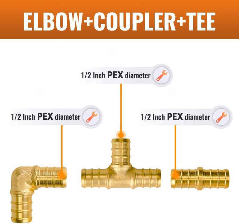SUNGATOR 12-Pack 1/2 Inch PEX 90 Degree Elbow (6 PCS) + Tee (4 PCS) + Straight Coupling (2 PCS) Brass Crimp Fittings, Lead Free for Multiple PEX Plumbing Projects - Image 2