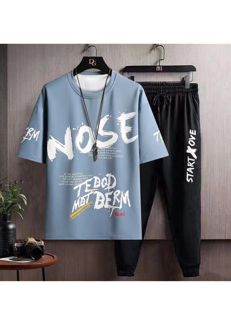 Men's sports trousers two-piece summer casual suit men's thin trendy short-sleeved t-shirt trousers suit - Image 2