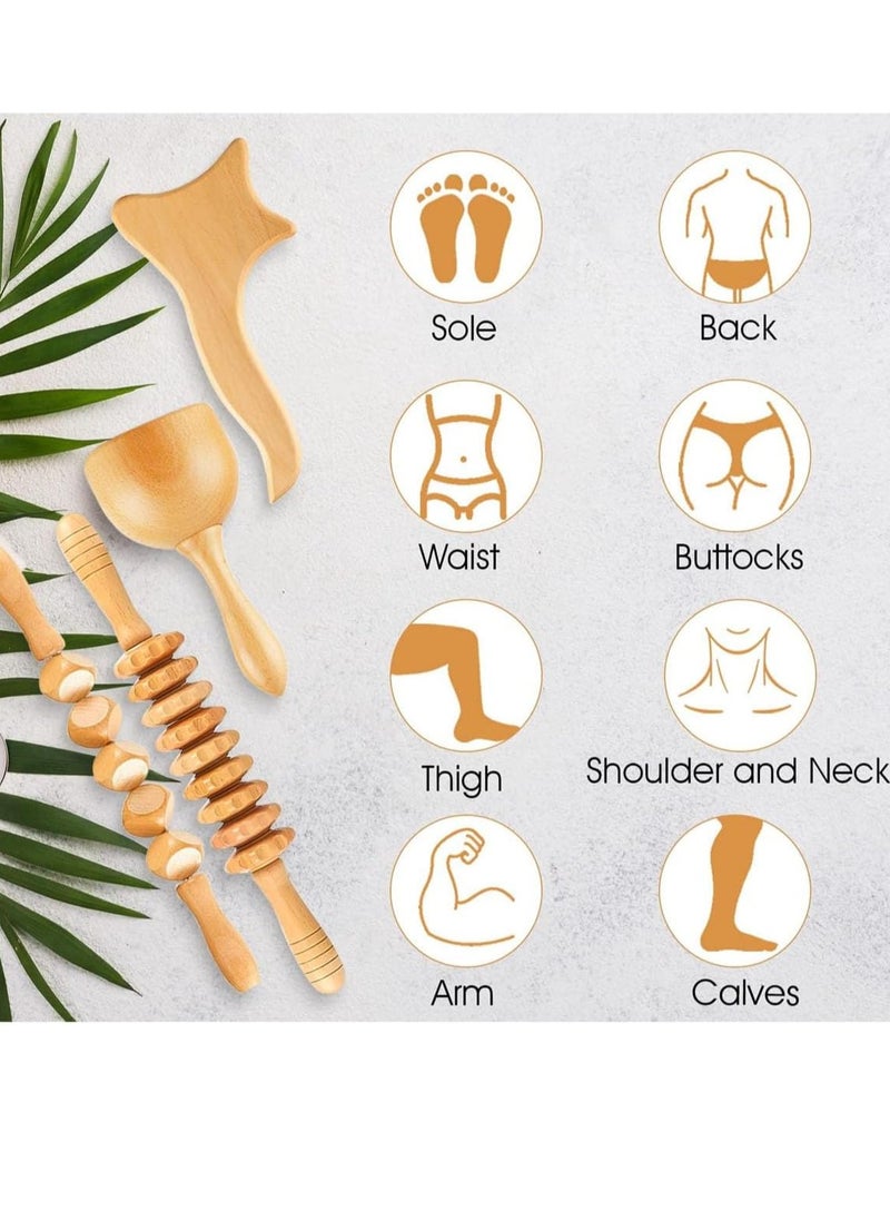 Arabest 4 Pieces Wood Therapy Kit Massage Tools Maderoterapia Kit Wood Massager Roller Wood Gua Sha Roller Manual Wooden Fascia Massage for Release Cellulite Muscle Blasting Pain Relief Body Sculpting Tools  - Image 2