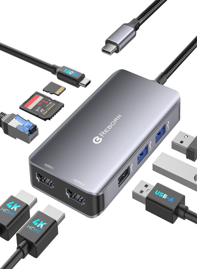 Reborn Laptop Docking Station Dual Monitor, 9-in-1 USB C Hub Dual Monitor with 4K 2HDMI Ports, 1Gbps Ethernet, 5Gbps USB A&C 3.0, 100W PD, SD Card Reader, USBC Dock for MacBook/Dell XPS/HP/Surface etc - Image 1