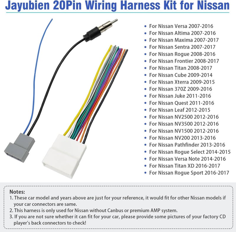 Jayubien 20Pin Wiring Harness for Nissan Radio Wire Antenna Adapter Kit - Image 2