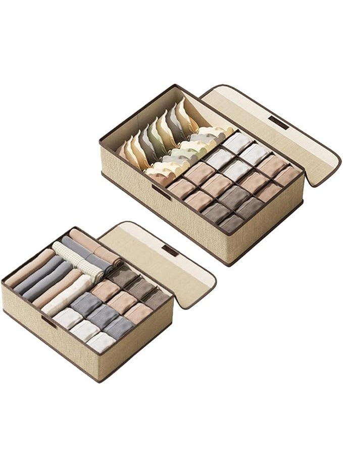 LOKIPA Sock Underwear Organizer Divider with Lid, (1+12/1+16) Cells Drawer Fabric Foldable Cabinet Closet Storage Boxes for Storing Socks, Underwear, Ties (Beige/Gray) - Image 1