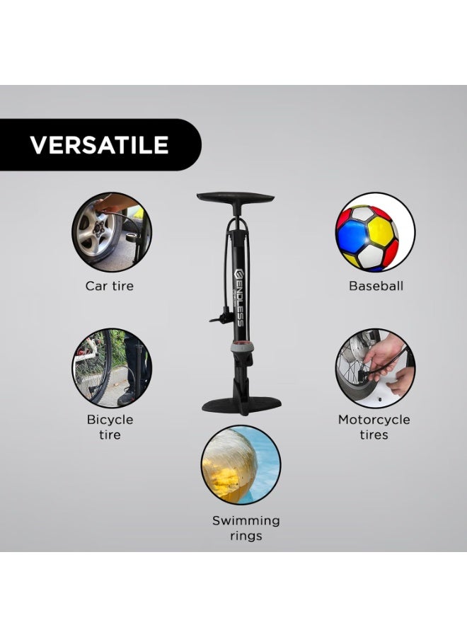 ENDLESS  EL1052 160 PSI Portable Road Bike, Bicycle Floor Hand Air Pump | Black | Material : Alloy Steel | Tire Inflator with Gauge, Rotatable Pipe Knob for Convenience | For All Inflating Purpose - Image 4