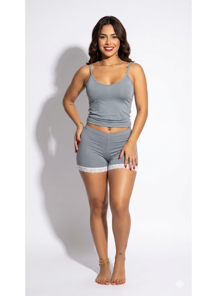 ورد طقم بيجامة نسائي من ورد باللون الرمادي، توب كاميسول وشورت بحواف دانتيل، بياقة على شكل V، طقم مكوّن من قطعتين للملابس المنزلية. - Image 4