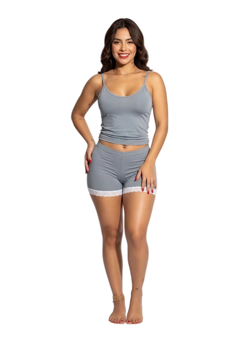 ورد طقم بيجامة نسائي من ورد باللون الرمادي، توب كاميسول وشورت بحواف دانتيل، بياقة على شكل V، طقم مكوّن من قطعتين للملابس المنزلية. - Image 5