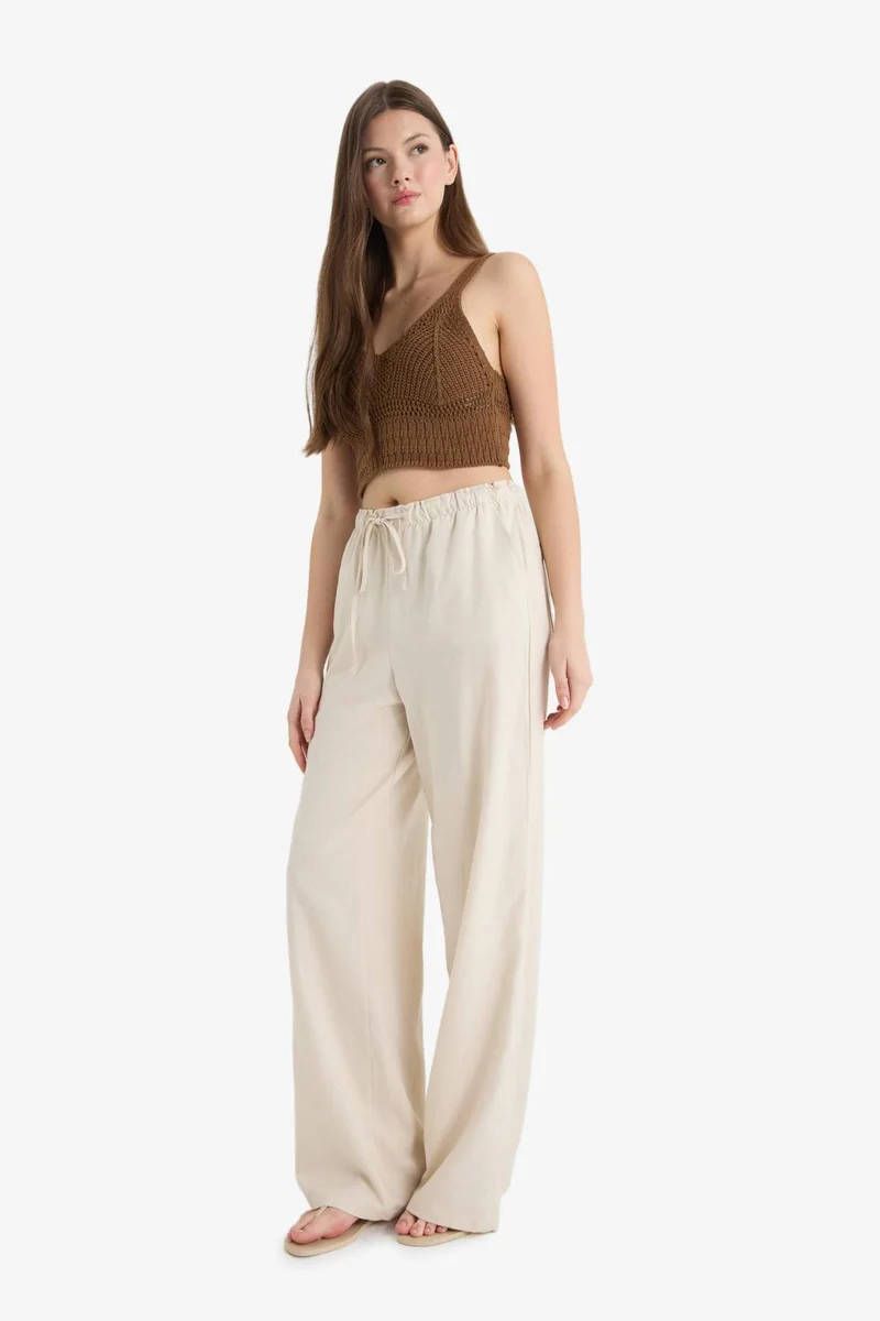 DeFacto Elastic Waist Linen Blend Wide Leg Trousers