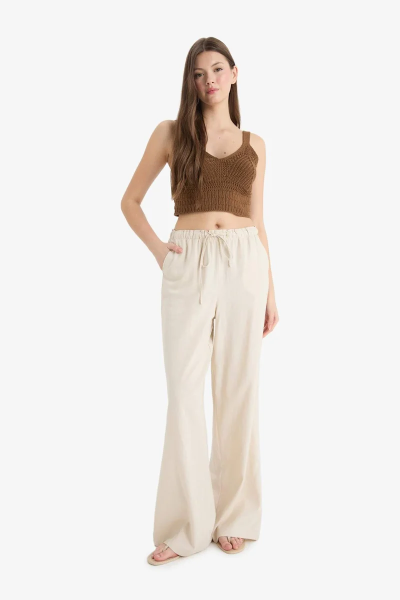 DeFacto Elastic Waist Linen Blend Wide Leg Trousers