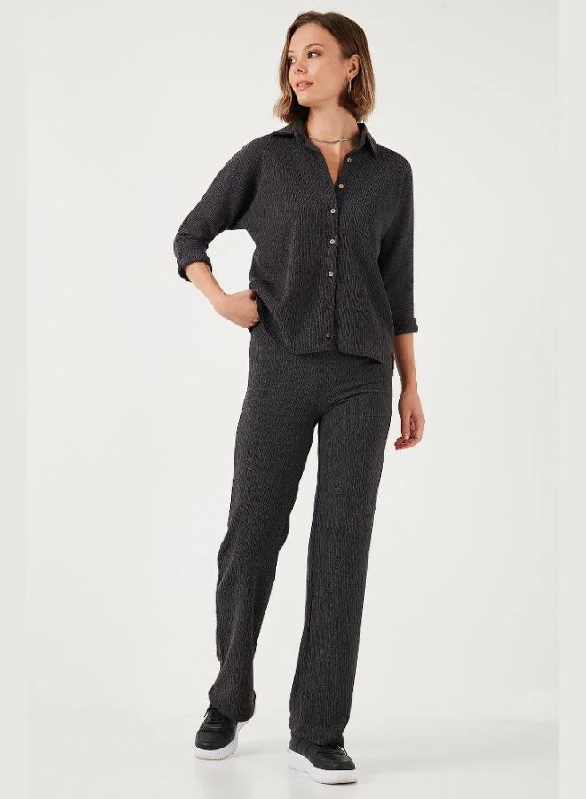 Lela Lela Slim Fit High Waist Wide Leg Textured Trousers Women's Pants 5865944