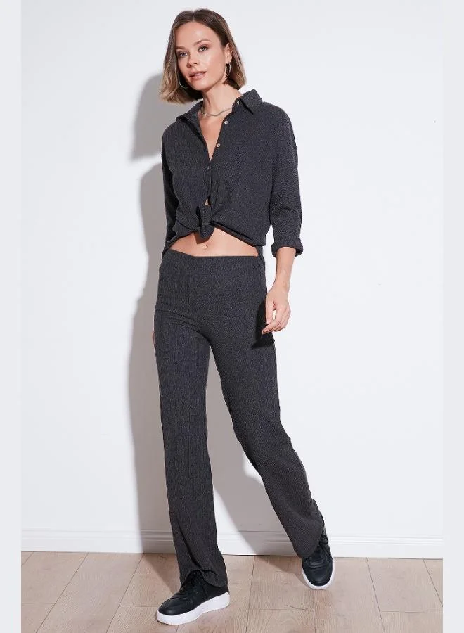 Lela  Lela Slim Fit High Waist Wide Leg Textured Trousers Women's Pants 5865944 for Women | Best Price UAE
