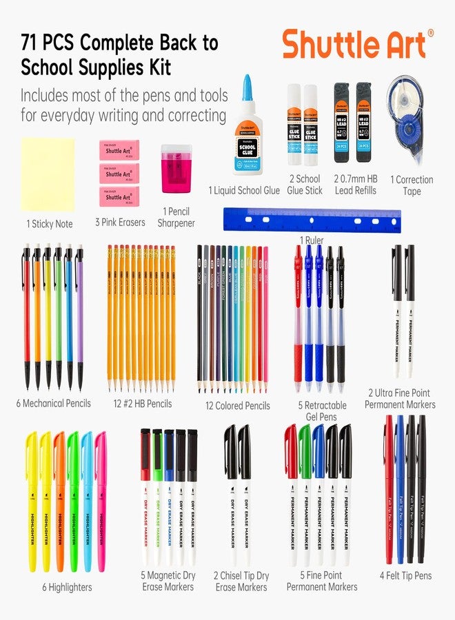 Shuttle Art 71 Pack School Supplies Kit, Middle High Schools, College, Unisex, All Ages, 71 PCS: Pencils, Highlighters, Gel Pens, Dry Erase Markers, Felt Tip Pens, Glue - Image 2
