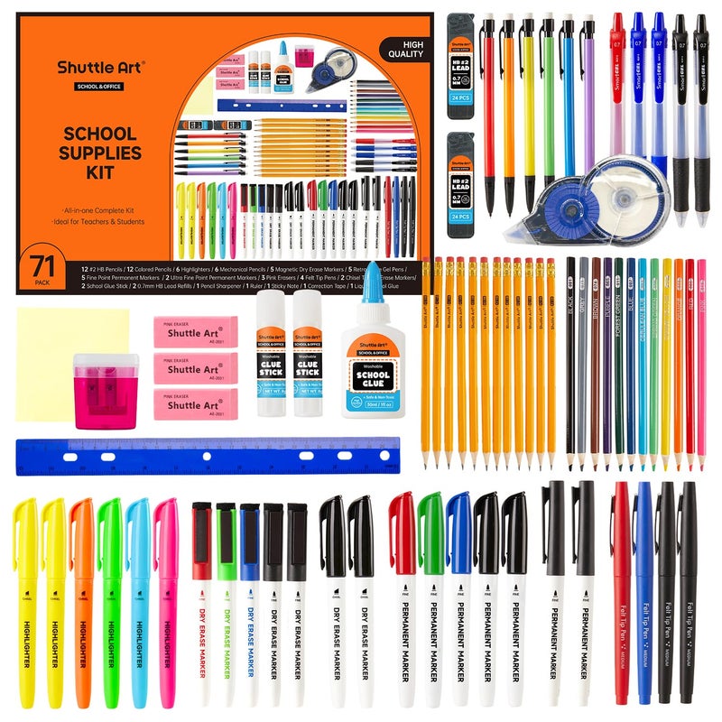 Shuttle Art 71 Pack School Supplies Kit, Middle High Schools, College, Unisex, All Ages, 71 PCS: Pencils, Highlighters, Gel Pens, Dry Erase Markers, Felt Tip Pens, Glue - Image 1