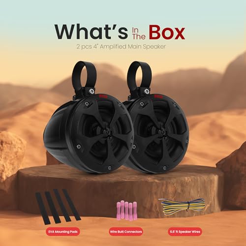 Pyle مكبرات صوت بايل 4 بوصة للطرق الوعرة بلوتوث مقاومة للماء - نظام مكبر صوت معزز بقوة 800 واط للـ ATV / UTV، عربة جولف، قارب، مدخل AUX، للاستخدام مع جميع المركبات 12 فولت - PLUTV43BTA، أسود - Image 5