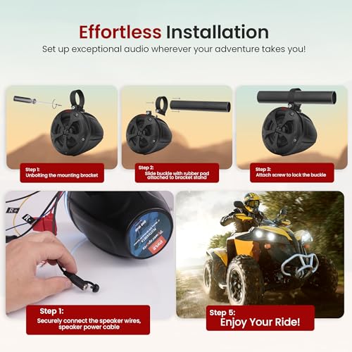 Pyle مكبرات صوت بايل 4 بوصة للطرق الوعرة بلوتوث مقاومة للماء - نظام مكبر صوت معزز بقوة 800 واط للـ ATV / UTV، عربة جولف، قارب، مدخل AUX، للاستخدام مع جميع المركبات 12 فولت - PLUTV43BTA، أسود - Image 4