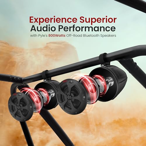 Pyle مكبرات صوت بايل 4 بوصة للطرق الوعرة بلوتوث مقاومة للماء - نظام مكبر صوت معزز بقوة 800 واط للـ ATV / UTV، عربة جولف، قارب، مدخل AUX، للاستخدام مع جميع المركبات 12 فولت - PLUTV43BTA، أسود - Image 2